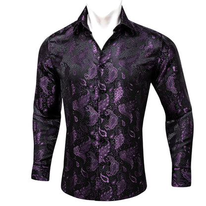 Black Purple Paisley Flower Pattern Silk Dress Shirt shirt    - Sophisticated Gentlemen