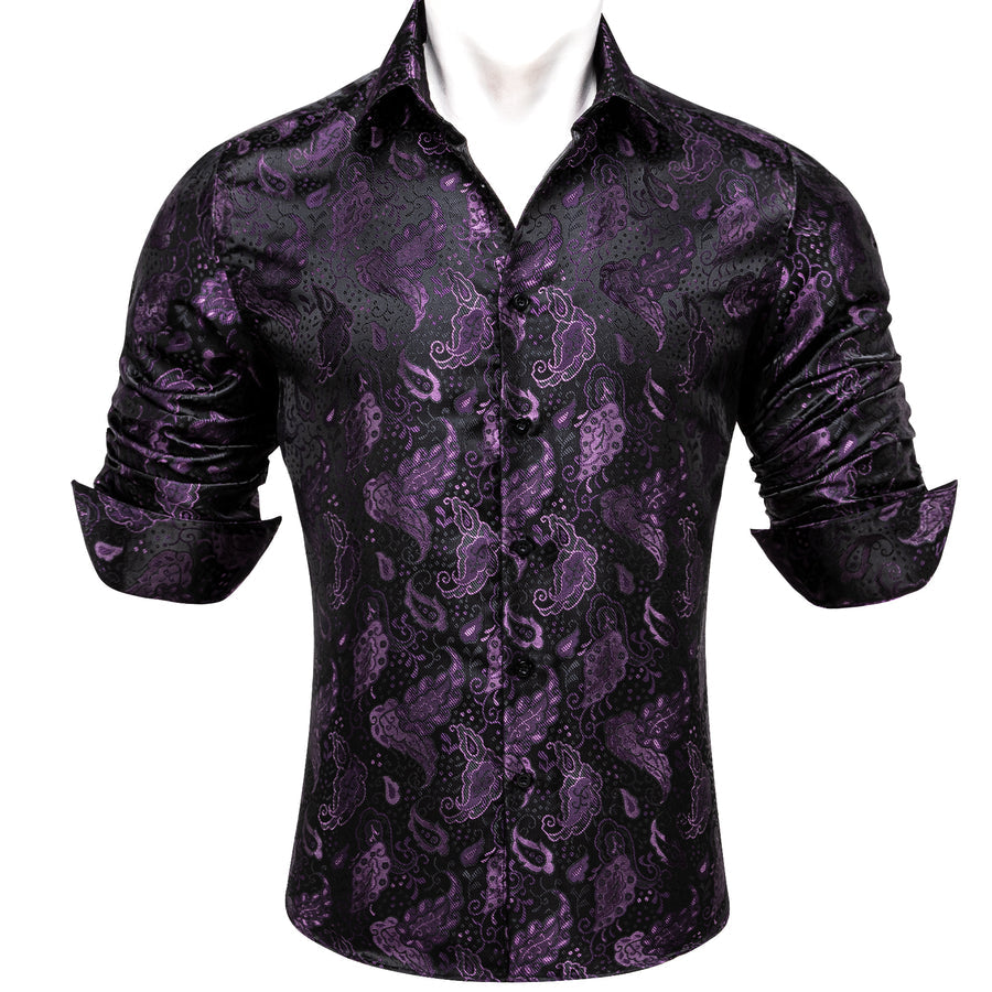 Black Purple Paisley Flower Pattern Silk Dress Shirt shirt    - Sophisticated Gentlemen