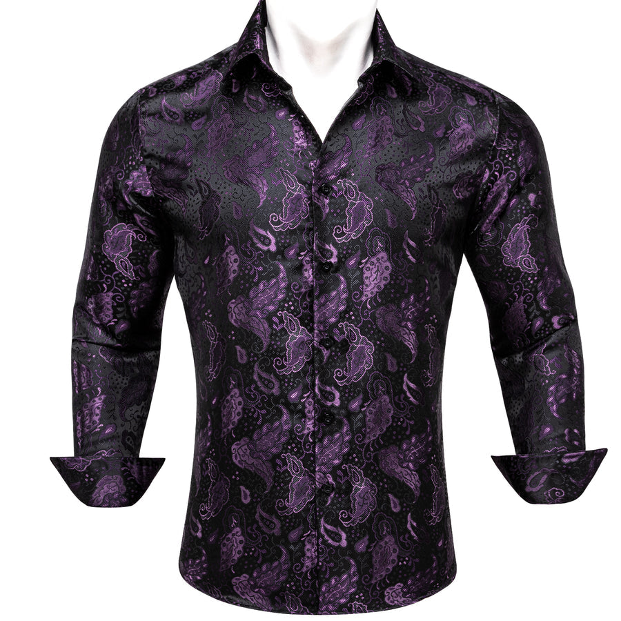 Black Purple Paisley Flower Pattern Silk Dress Shirt shirt S   - Sophisticated Gentlemen
