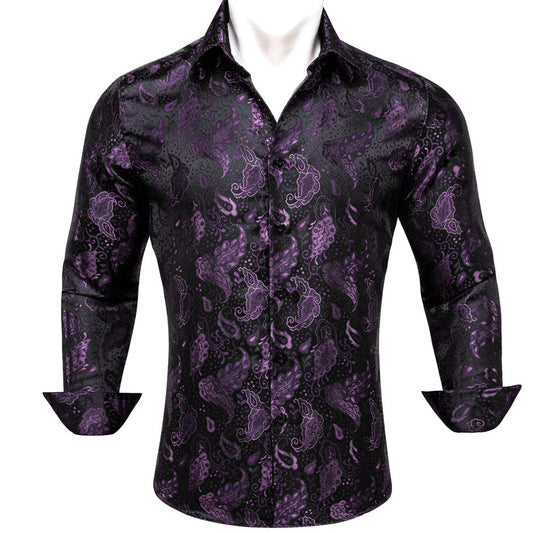 Black Purple Paisley Flower Pattern Silk Dress Shirt shirt S   - Sophisticated Gentlemen
