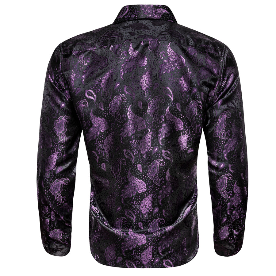 Black Purple Paisley Flower Pattern Silk Dress Shirt shirt    - Sophisticated Gentlemen
