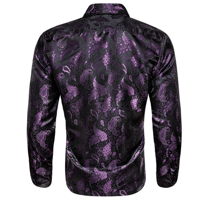 Black Purple Paisley Flower Pattern Silk Dress Shirt shirt    - Sophisticated Gentlemen