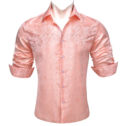 LightPink Rose Flower Pattern Floral Silk Dress Shirt shirt    - Sophisticated Gentlemen