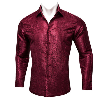 Dark Red Paisley Pattern Silk Dress Shirt shirt    - Sophisticated Gentlemen