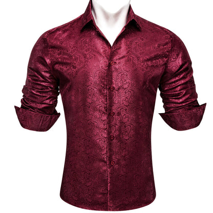 Dark Red Paisley Pattern Silk Dress Shirt shirt    - Sophisticated Gentlemen