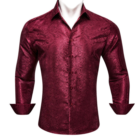 Dark Red Paisley Pattern Silk Dress Shirt shirt S   - Sophisticated Gentlemen
