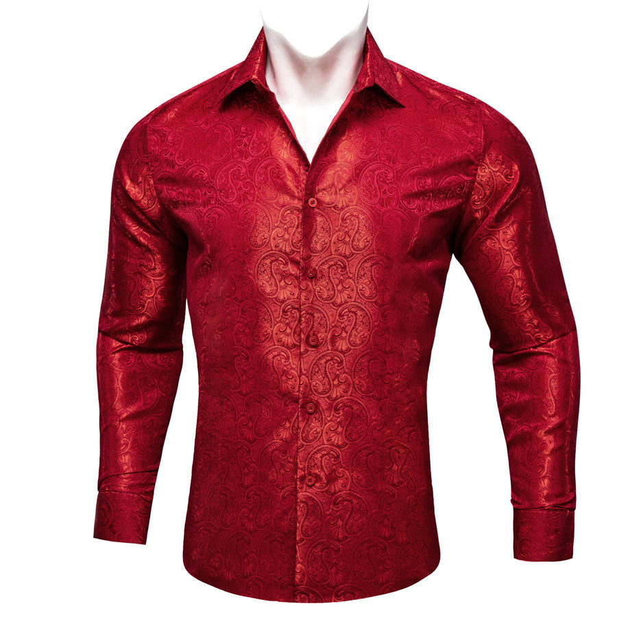 Red Paisley Pattern Silk Dress Shirt shirt    - Sophisticated Gentlemen