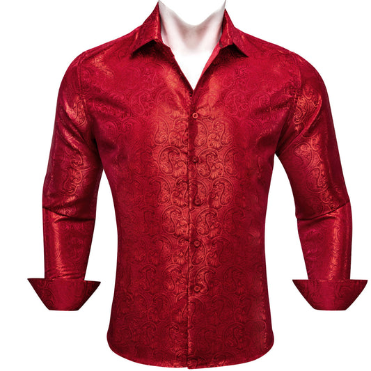 Red Paisley Pattern Silk Dress Shirt shirt S   - Sophisticated Gentlemen
