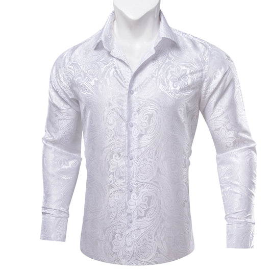 Classic White Paisley Silk Dress Shirt shirt S   - Sophisticated Gentlemen