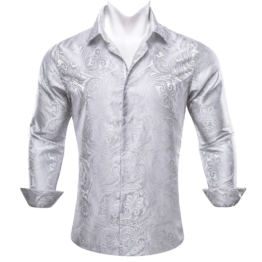 Classic Silver Paisley Silk Dress Shirt shirt S   - Sophisticated Gentlemen