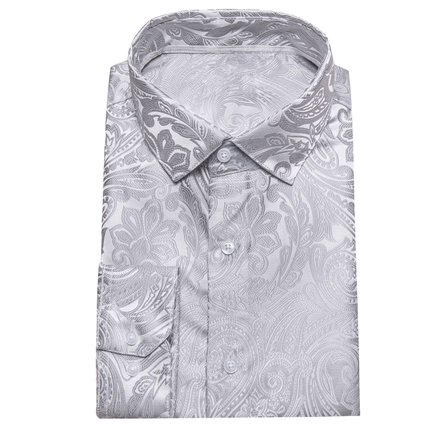Classic Silver Paisley Silk Dress Shirt shirt    - Sophisticated Gentlemen