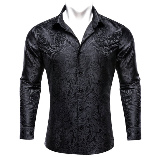 Classic Black Paisley Silk Dress Shirt shirt S   - Sophisticated Gentlemen