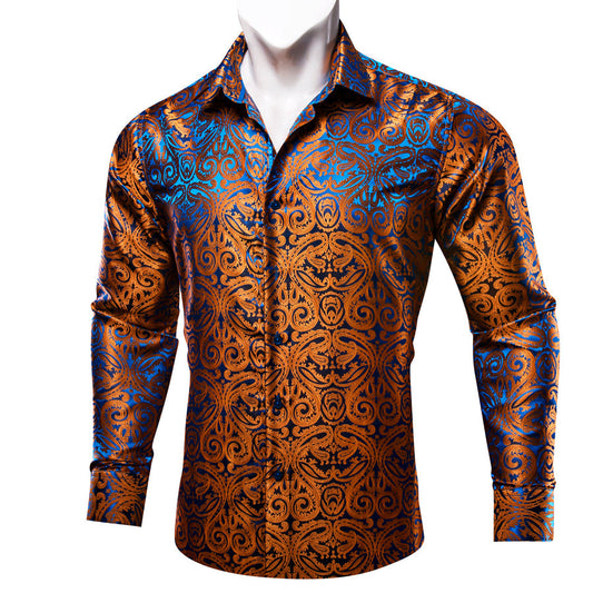 Shiny Brown Paisley Silk Dress Shirt shirt S   - Sophisticated Gentlemen