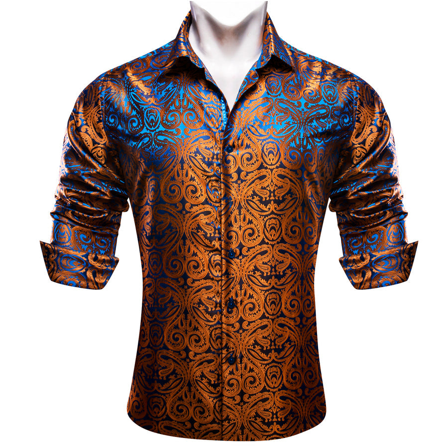 Shiny Brown Paisley Silk Dress Shirt shirt    - Sophisticated Gentlemen