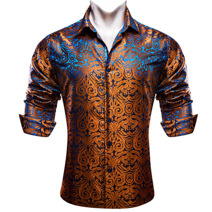 Shiny Brown Paisley Silk Dress Shirt shirt    - Sophisticated Gentlemen