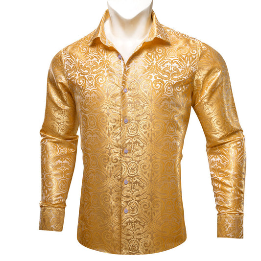 Bright Yellow Paisley Silk Dress Shirt shirt S   - Sophisticated Gentlemen