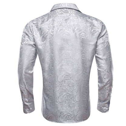 Classic Pure Silver Paisley Silk Dress Shirt shirt    - Sophisticated Gentlemen