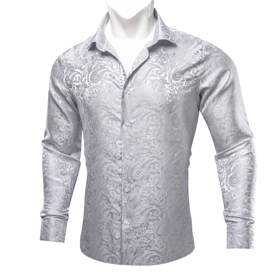 Classic Pure Silver Paisley Silk Dress Shirt shirt S   - Sophisticated Gentlemen
