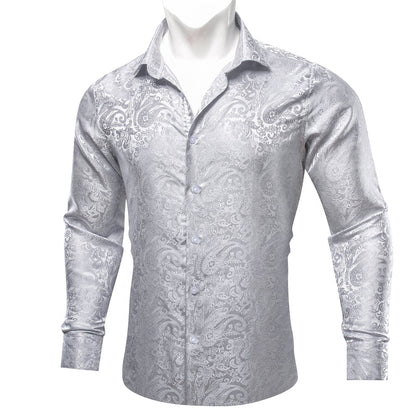 Classic Pure Silver Paisley Silk Dress Shirt shirt S   - Sophisticated Gentlemen