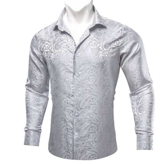 Classic Pure Silver Paisley Silk Dress Shirt shirt S   - Sophisticated Gentlemen