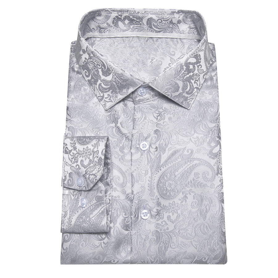 Classic Pure Silver Paisley Silk Dress Shirt shirt    - Sophisticated Gentlemen