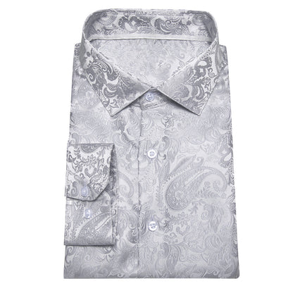 Classic Pure Silver Paisley Silk Dress Shirt shirt    - Sophisticated Gentlemen