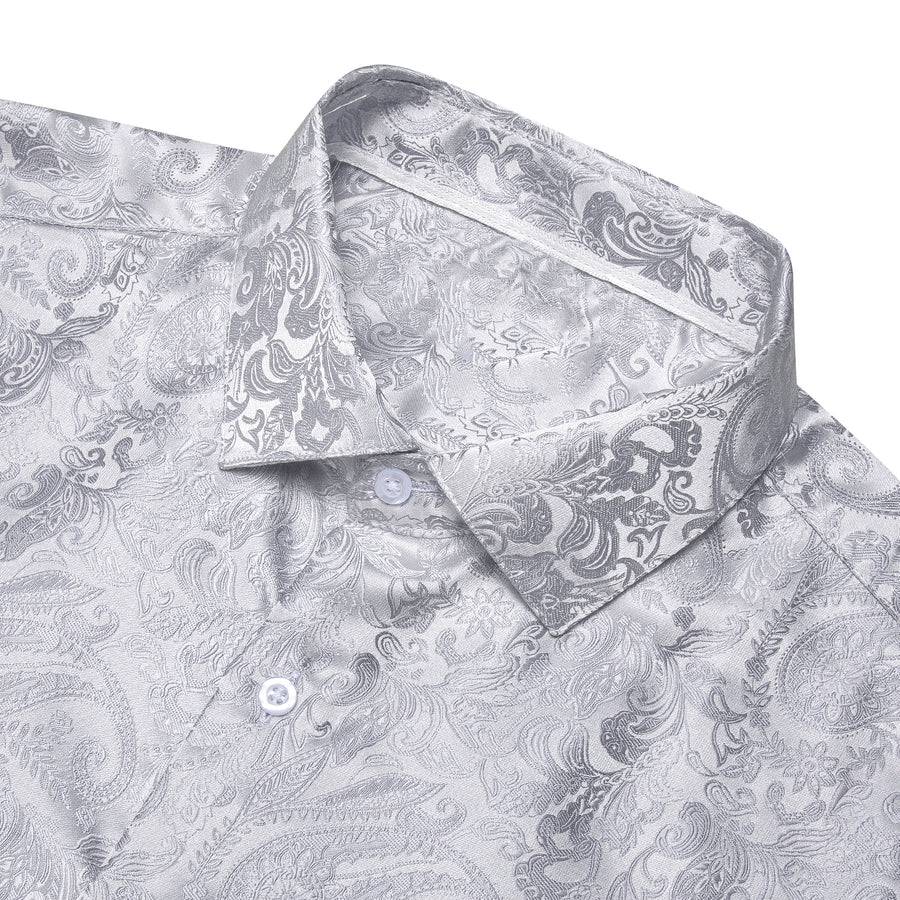 Classic Pure Silver Paisley Silk Dress Shirt shirt    - Sophisticated Gentlemen