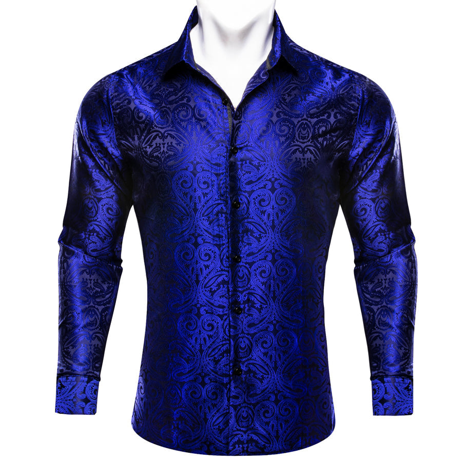 Navy Blue Paisley Silk Dress Shirt shirt S   - Sophisticated Gentlemen