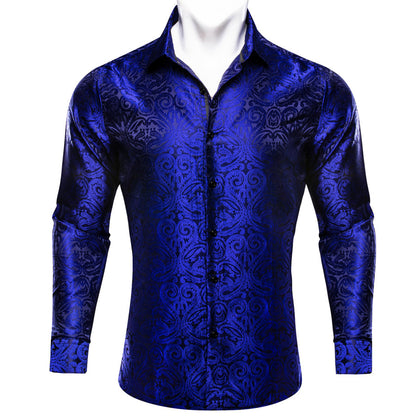Navy Blue Paisley Silk Dress Shirt shirt S   - Sophisticated Gentlemen