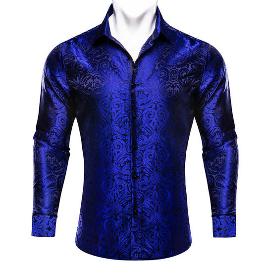 Navy Blue Paisley Silk Dress Shirt shirt S   - Sophisticated Gentlemen