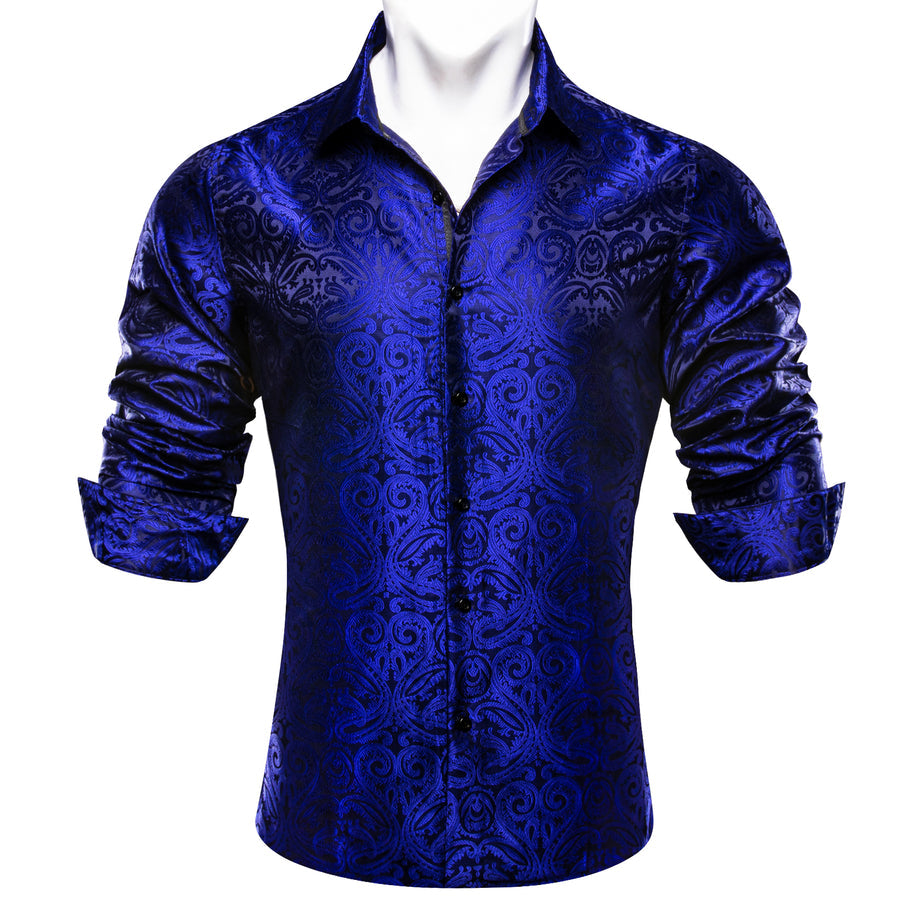 Navy Blue Paisley Silk Dress Shirt shirt    - Sophisticated Gentlemen