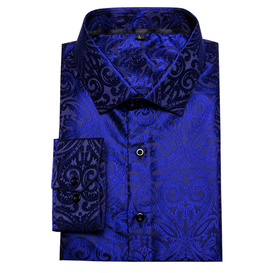 Navy Blue Paisley Silk Dress Shirt shirt    - Sophisticated Gentlemen