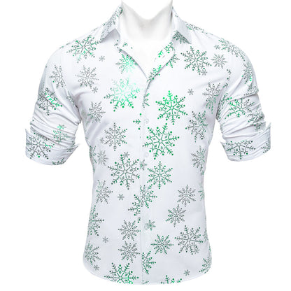 Christmas White With Green Snowflake Floral Dress Shirt shirt    - Sophisticated Gentlemen