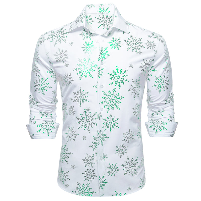 Christmas White With Green Snowflake Floral Dress Shirt shirt    - Sophisticated Gentlemen