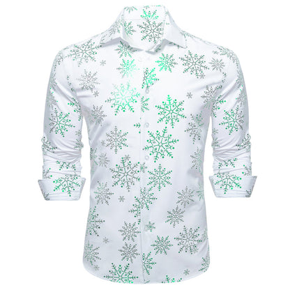Christmas White With Green Snowflake Floral Dress Shirt shirt    - Sophisticated Gentlemen