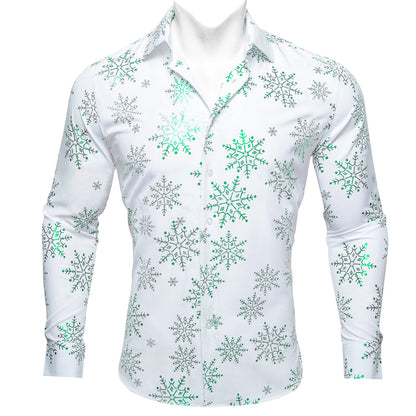 Christmas White With Green Snowflake Floral Dress Shirt shirt S   - Sophisticated Gentlemen