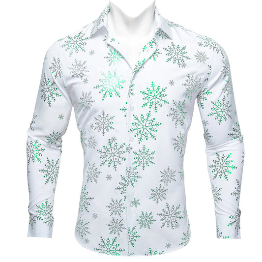 Christmas White With Green Snowflake Floral Dress Shirt shirt S   - Sophisticated Gentlemen