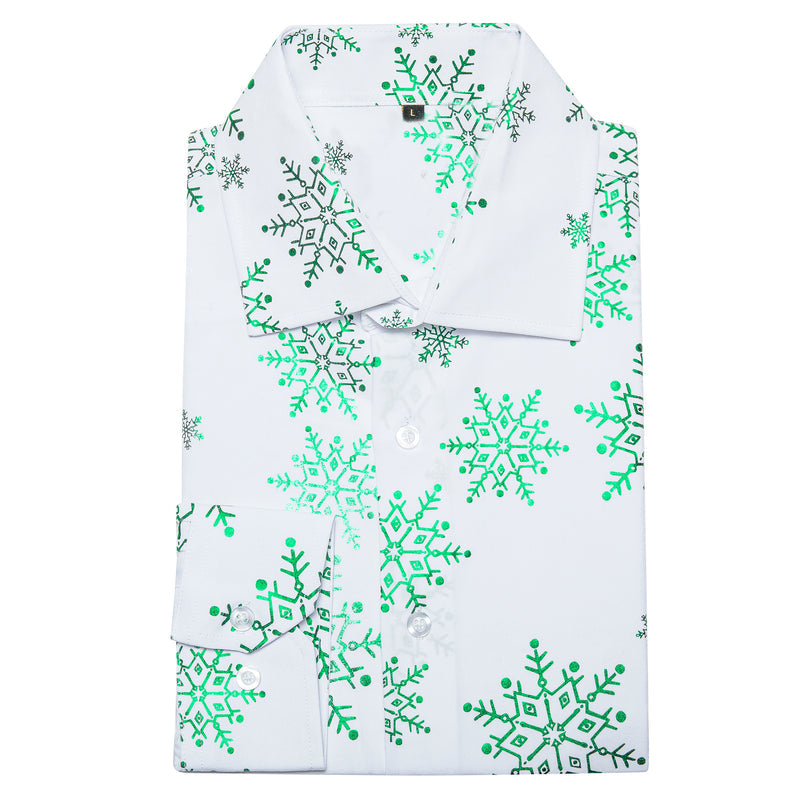 Christmas White With Green Snowflake Floral Dress Shirt shirt    - Sophisticated Gentlemen
