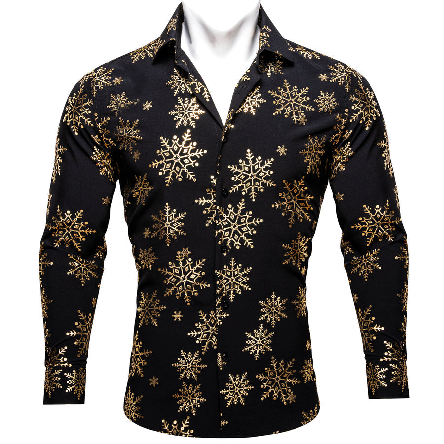 Christmas Black With Golden Snowflake Floral Dress Shirt shirt S   - Sophisticated Gentlemen
