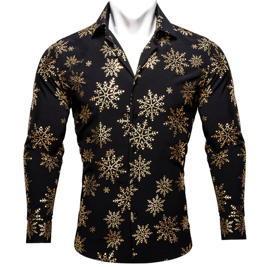 Christmas Black With Golden Snowflake Floral Dress Shirt shirt S   - Sophisticated Gentlemen