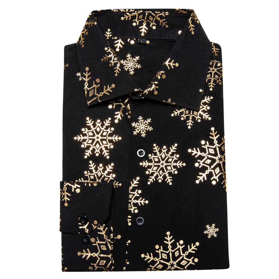 Christmas Black With Golden Snowflake Floral Dress Shirt shirt    - Sophisticated Gentlemen