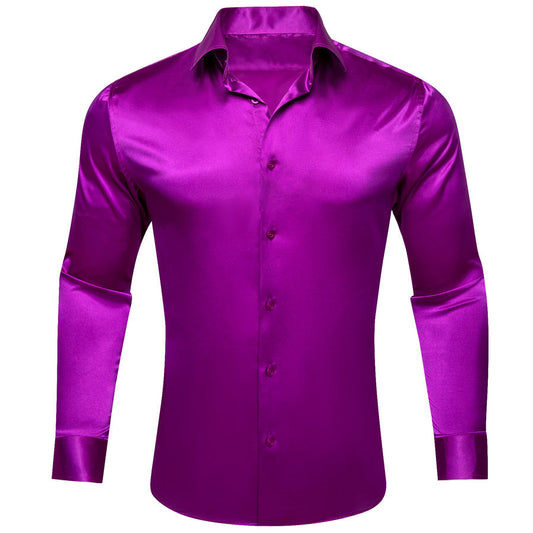 Dark Purple Solid Satin Silk Dress Shirt shirt S   - Sophisticated Gentlemen