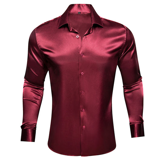 Burgundy Red Solid Silk Dress Shirt shirt S   - Sophisticated Gentlemen