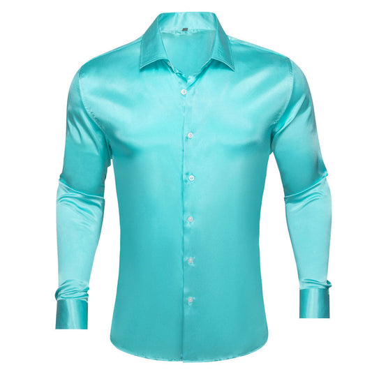 Light Lake Blue Solid Silk Dress Shirt shirt S   - Sophisticated Gentlemen