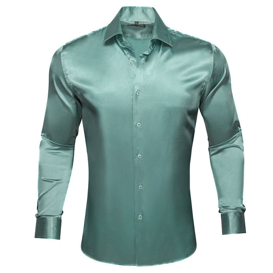 Gray Blue Solid Silk Dress Shirt shirt S   - Sophisticated Gentlemen
