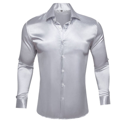 Silver Gray Solid Silk Dress Shirt shirt S   - Sophisticated Gentlemen