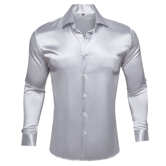 Silver Gray Solid Silk Dress Shirt shirt S   - Sophisticated Gentlemen