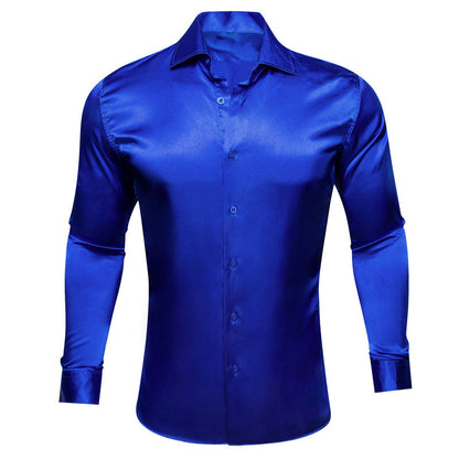 Klein Blue Solid Silk Men's Dress Shirt shirt S   - Sophisticated Gentlemen