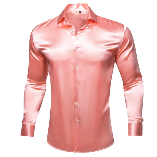 Pink Solid Silk Men's Dress Shirt shirt S   - Sophisticated Gentlemen
