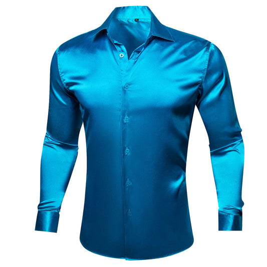 Blue Solid Silk Men's Dress Shirt shirt S   - Sophisticated Gentlemen